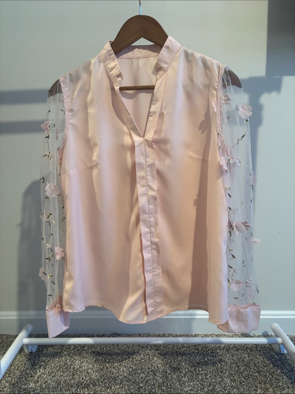SHEIN Pale Pink Satin Blouse with Floral Mesh Sleeves